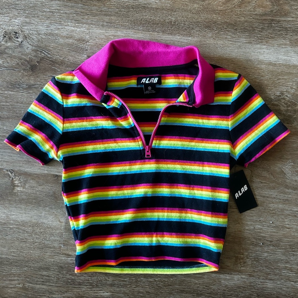 Crop Striped Polo Shirt - Multicolor